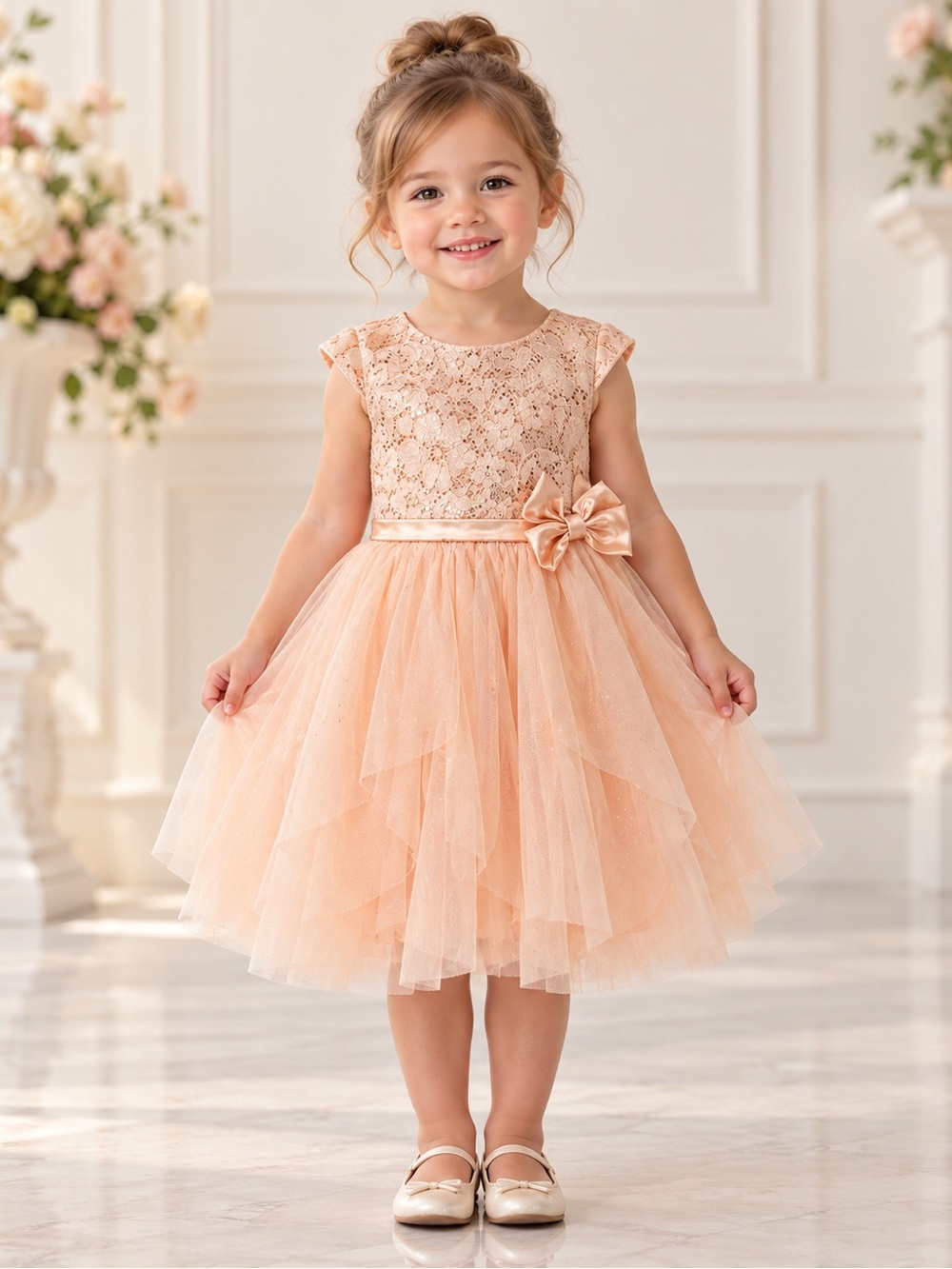 Jona Michelle Girls 3T Peach Lace Tulle Sparkle Formal Dress EUC